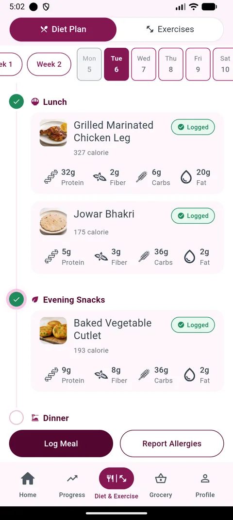 A day's diet plan with logged meals in the Docwellness app