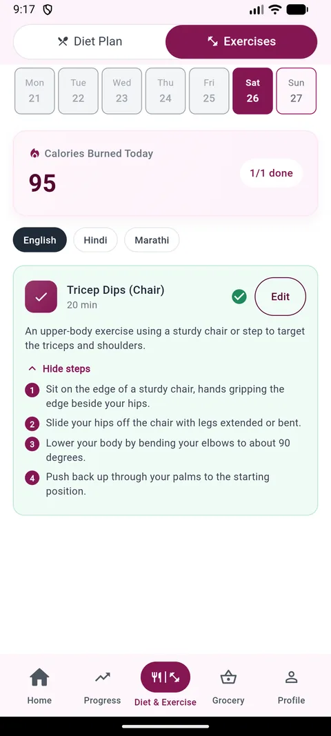 Assigned exercises for the day in the Docwellness app